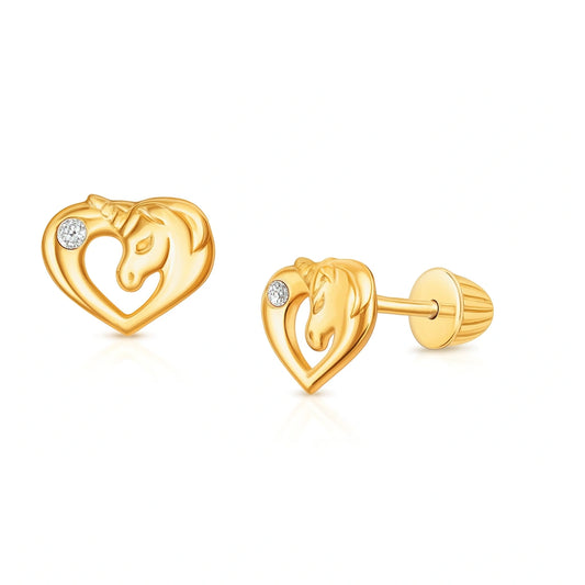 Unicorn earrings featuring 14k gold over silver with cubic zirconia accents in heart designs.