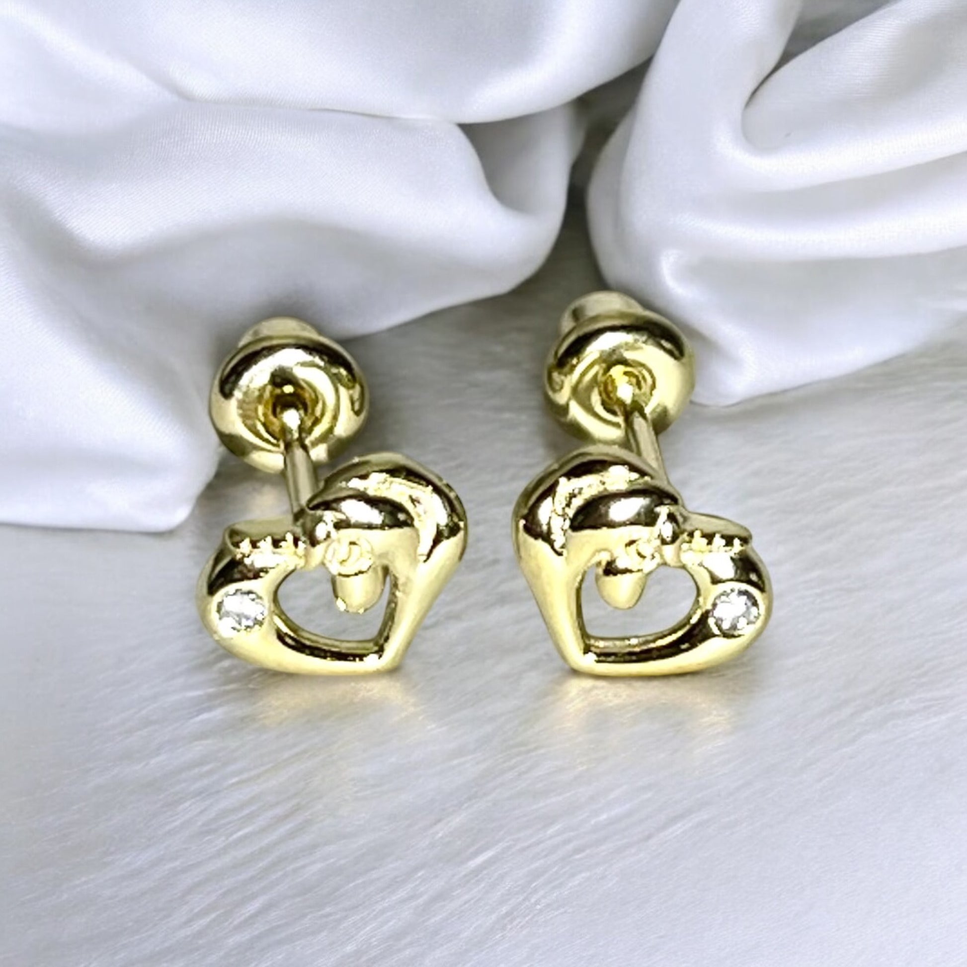 Unicorn earrings - 14k gold over silver unicorn CZ screw back studs with heart designs.