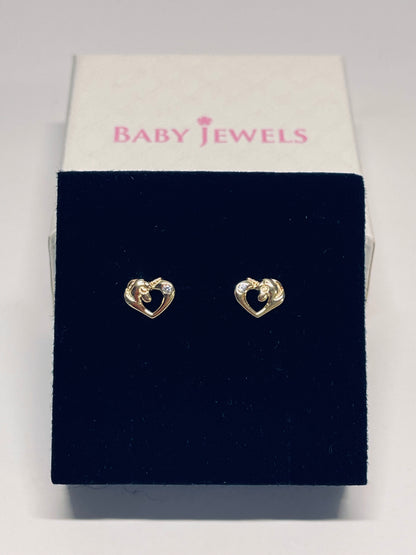 Unicorn earrings - 14k gold over silver unicorn CZ screw back studs displayed in a gift box.