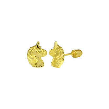 Unicorn earrings - 14k solid gold unicorn screw back studs with hypoallergenic comfort for kids, aged 3 to 10.