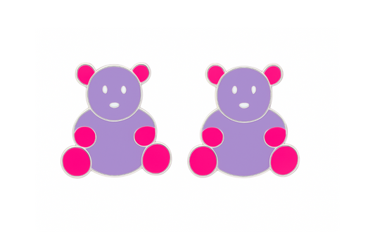 Pair of purple and pink bear-shaped earrings on a white background