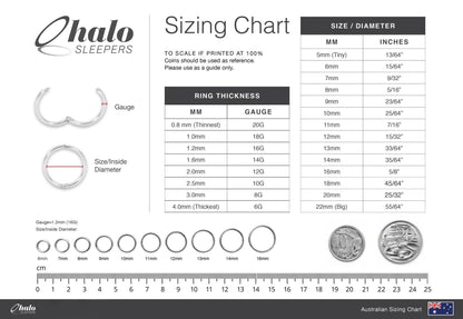 Sizing chart for baby earrings from Halo Sleepers, showing sizes and diameters in mm and inches.