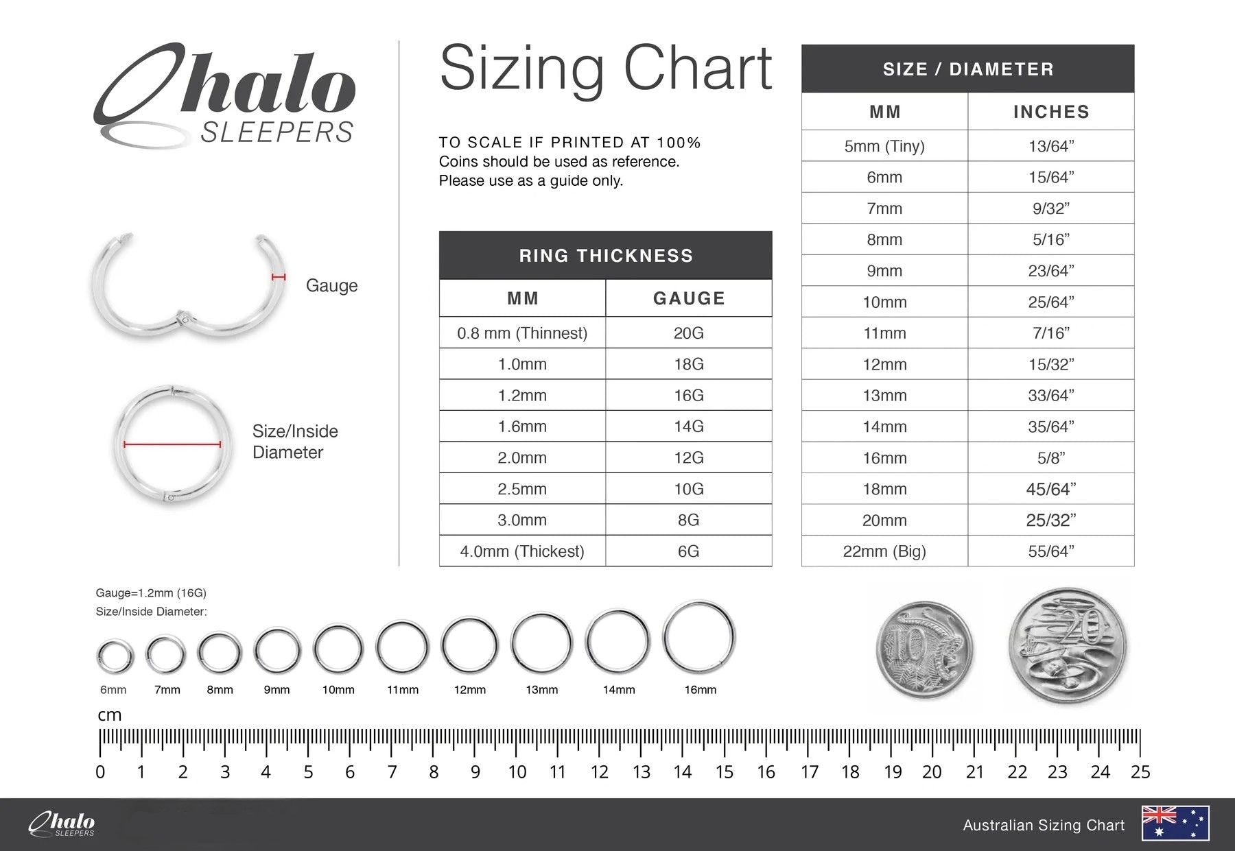 Sizing chart for children's earrings with measurements in mm and inches, including gauge and thickness details.