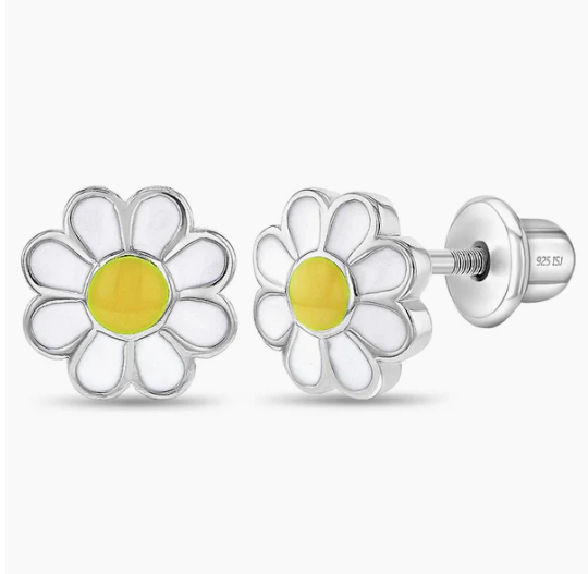 Daisy-shaped earrings with yellow centers on a white background