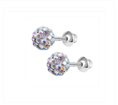 A pair of round multi-coloured crystal earrings with screw back closures, set in silver-coloured settings.