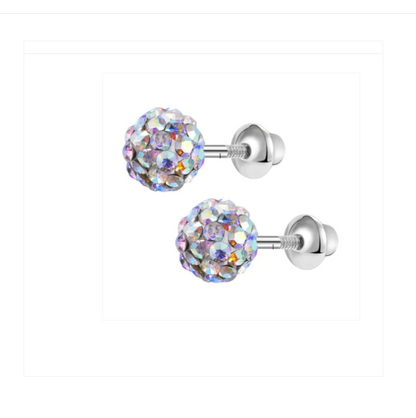 A pair of round multicoloured crystal earrings with screw back closures on a white background.