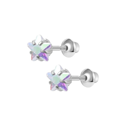 Pair of silver butterfly earrings with iridescent gemstones on a white background