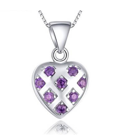 A sterling silver heart-shaped necklace pendant with Amethyst CZ stones set within a hollow design, attached to a 14-inch chain.