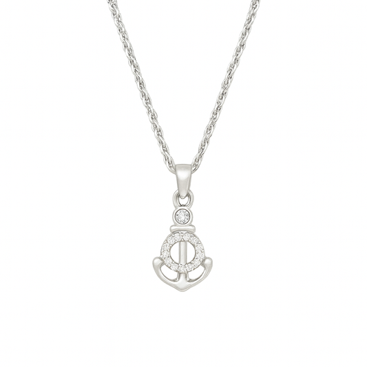 sterling silver anchor necklace with cubic zirconia circle of life on a white background