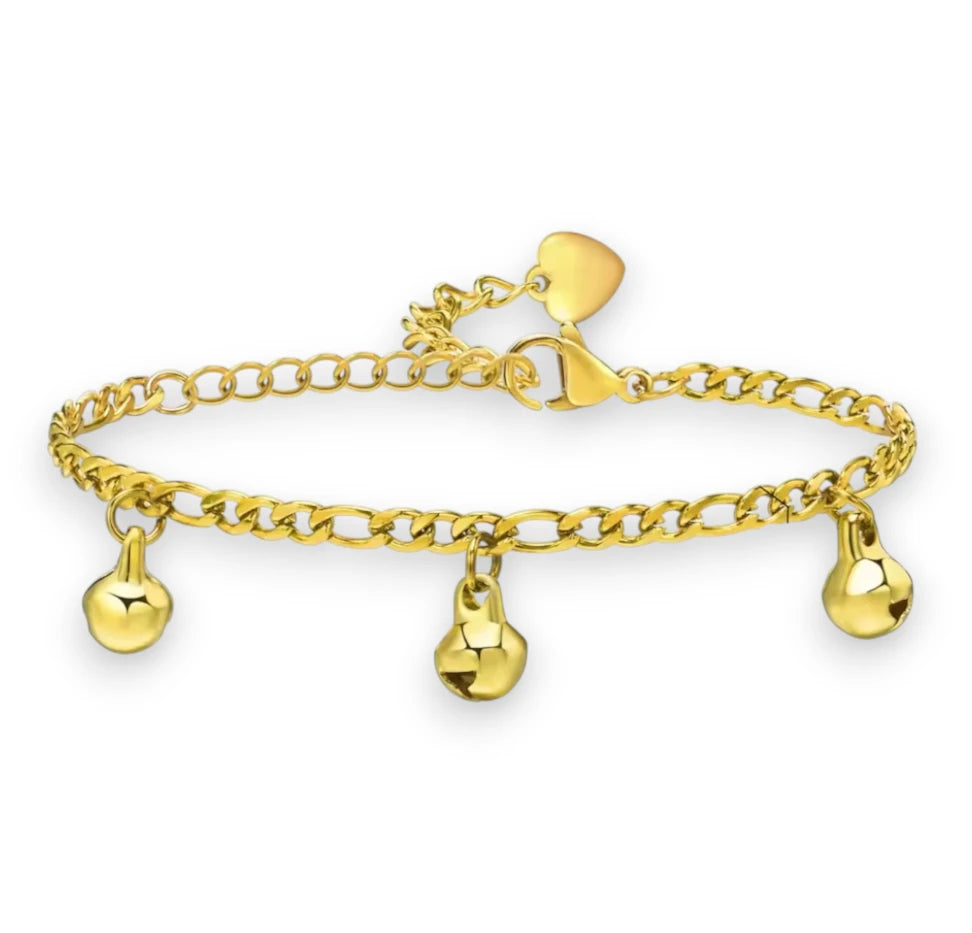 Children's anklets – gold IP surgical steel anklet with musical bell charms for girls aged 1 to 6.