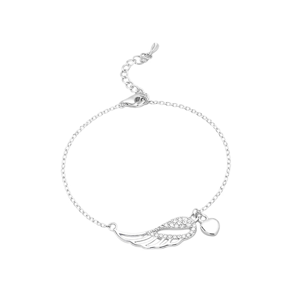 Sterling Silver CZ Angel Wing Bracelet with Heart Charm for Tweens, Teens & Adults