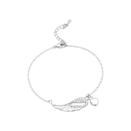 Sterling Silver CZ Angel Wing Bracelet with Heart Charm for Tweens, Teens & Adults