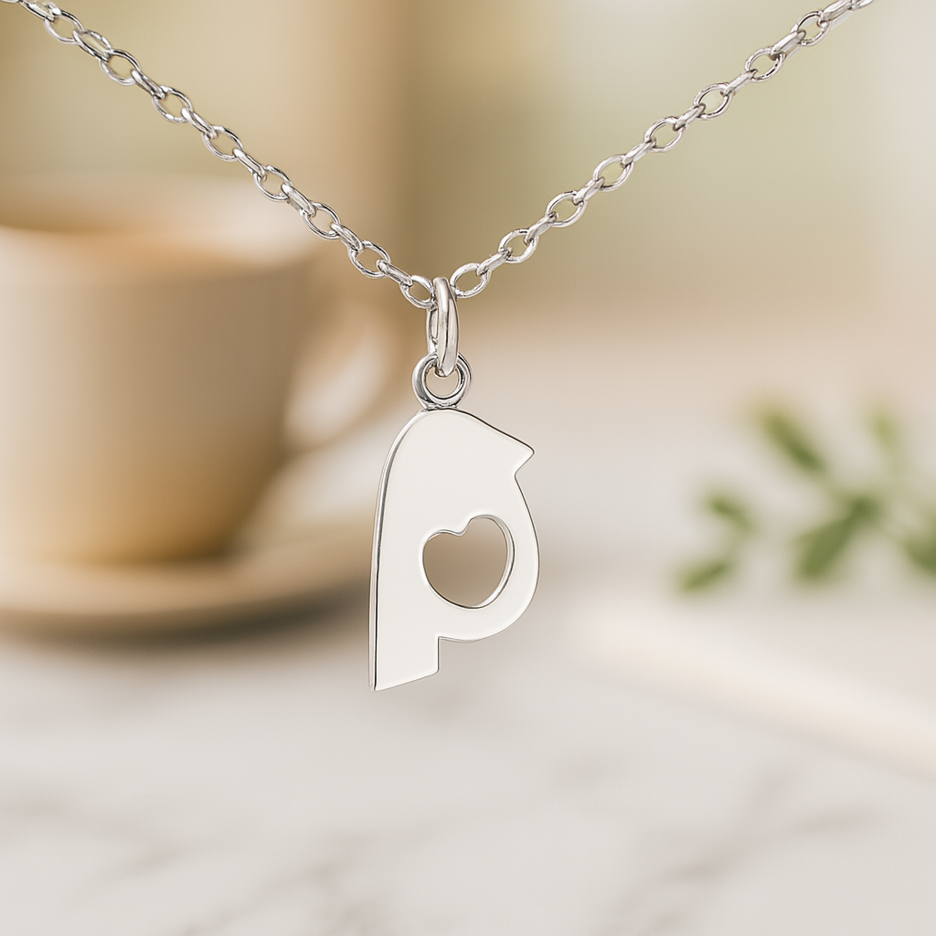 Close-up of a polished silver bird-shaped pendant with a heart-shaped cut-out hanging from a delicate chain, set against a softly blurred white marble table top with a beige coffee cup and a touch of greenery.