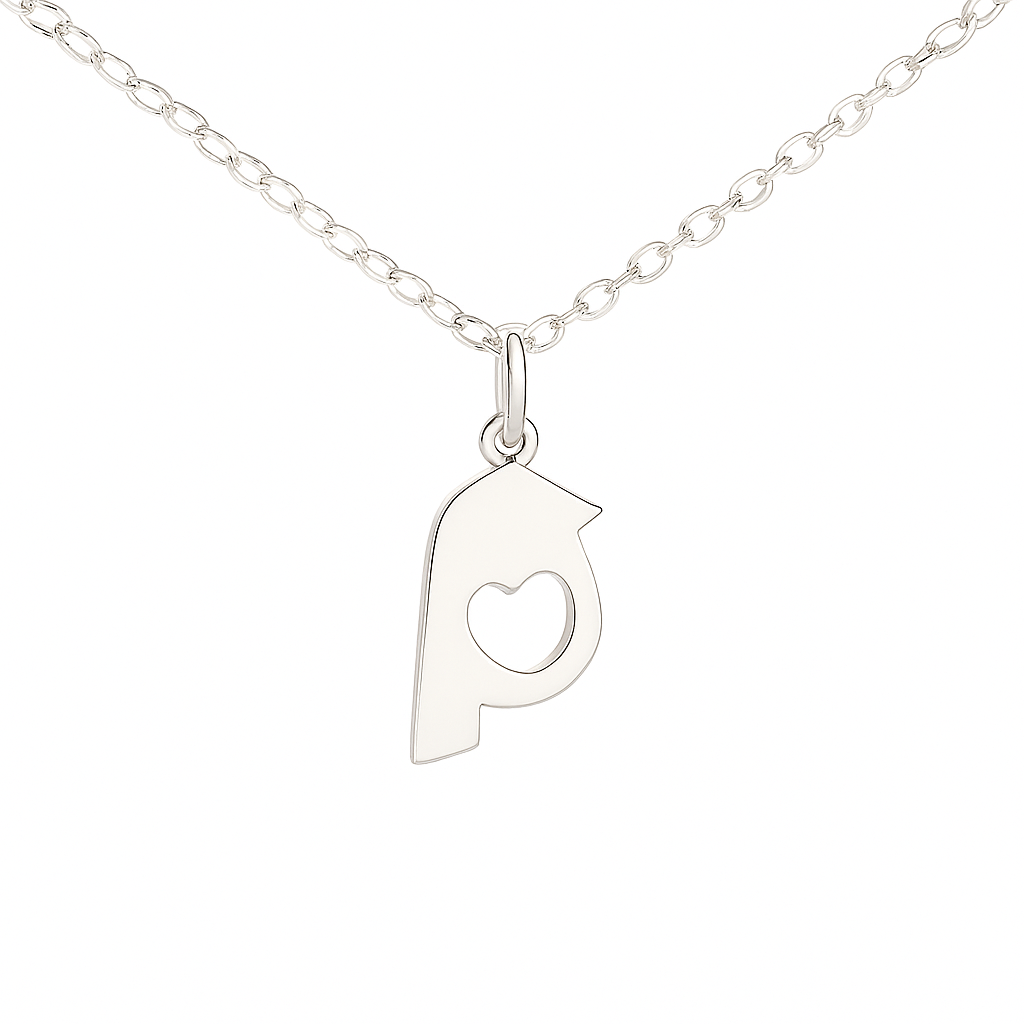 Sleek silver bird-shaped pendant with a heart-shaped cut-out on a fine chain, isolated on a crisp white background