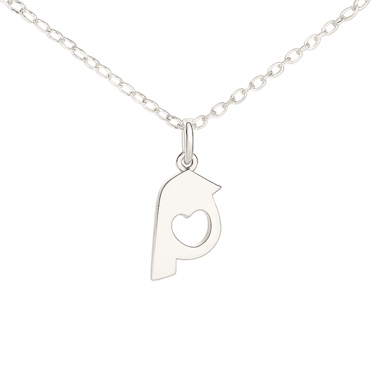 Sleek silver bird-shaped pendant with a heart-shaped cut-out on a fine chain, isolated on a crisp white background