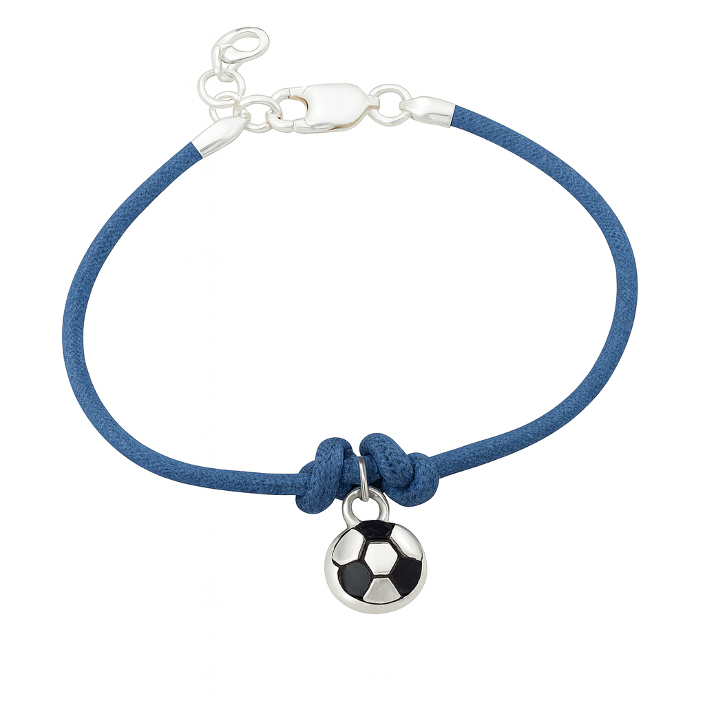 blue corded boys bracelet with soccer ball charm on a white background