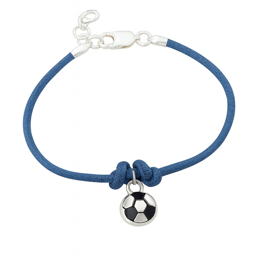 blue corded boys bracelet with soccer ball charm on a white background