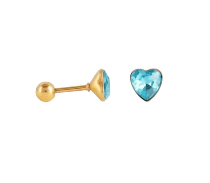 A pair of children's earrings with a heart-shaped aqua blue crystal and gold-coloured screw backs.