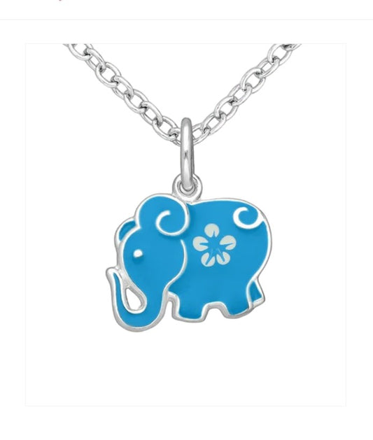 blue enamel sterling silver elephant necklace on a plain white background