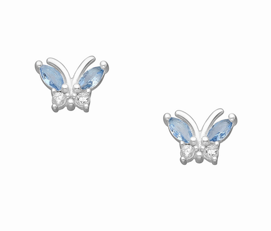 Baby and Children's Earrings:  Sterling Silver, Blue and White CZ Butterflies