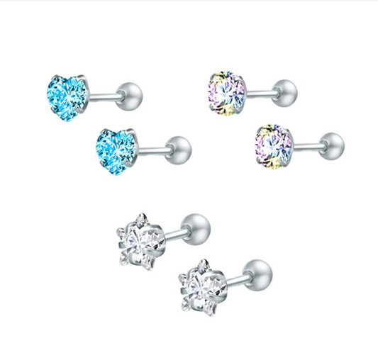 Baby and Children's Earrings:  Surgical Steel Reversible Set 3mm AAA CZ Screw Back Earrings Set of 3 Age 1-4 Pack 2