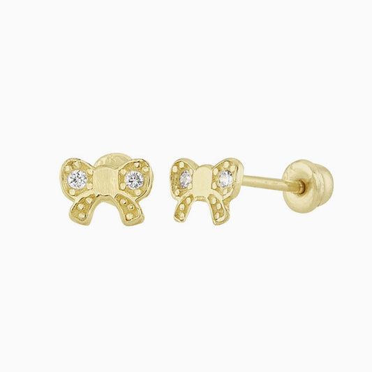 Baby and Children's Earrings: 14k Solid Gold CZ Bows with Screw backs and Gift Box