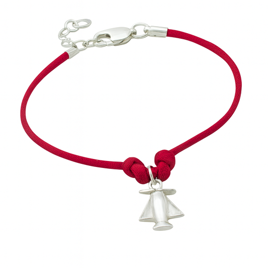 boys red cord bracelet with sterling silver aeroplane charm on a white background