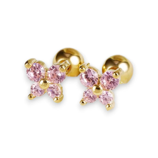 Baby earrings featuring pink tourmaline CZ butterfly design with gold-tone screw backs.