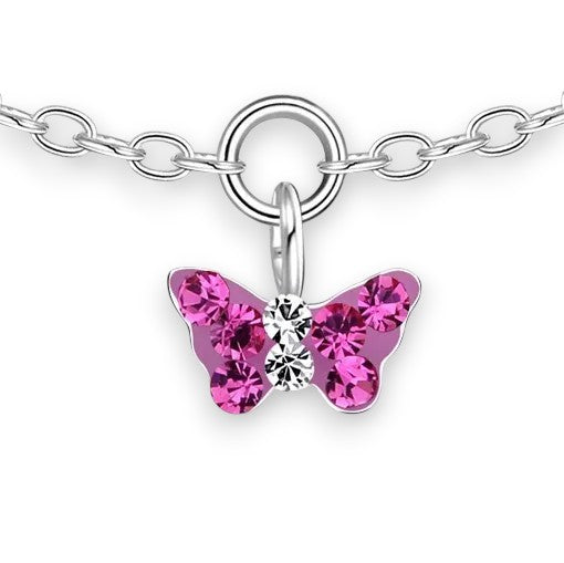 Butterfly bracelet featuring a charming butterfly design with pink crystal accents on sterling silver chain.