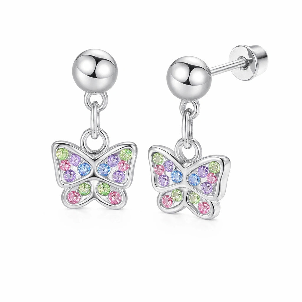 Children's earrings featuring 316L surgical steel with CZ butterfly dangle design in multiple colors.