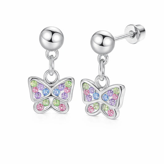 Children's earrings featuring 316L surgical steel with CZ butterfly dangle design in multiple colors.