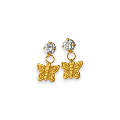 Butterfly earrings featuring 14K gold over sterling silver and clear cubic zirconia studs for a charming look.