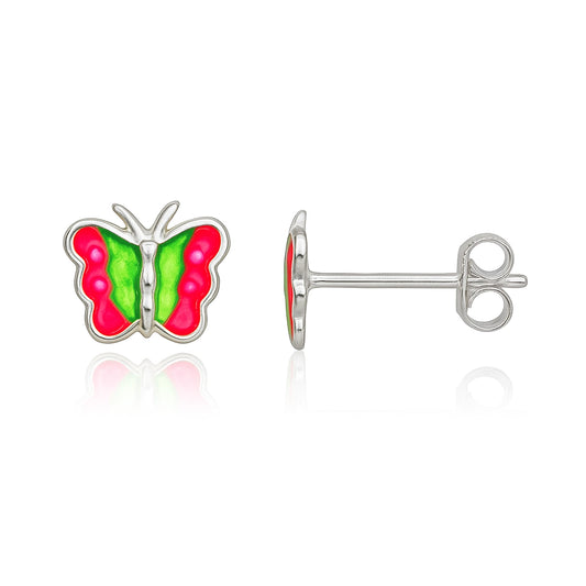 Sterling Silver butterfly-shaped earrings with red and green enamel wings on a white background