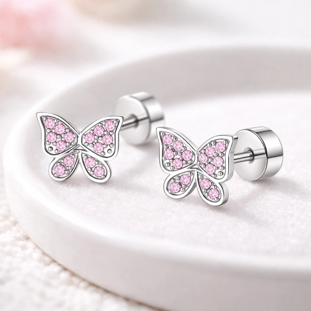 Children's earrings featuring pink butterfly design with sparkling cubic zirconia and secure screw-back fastenings.
