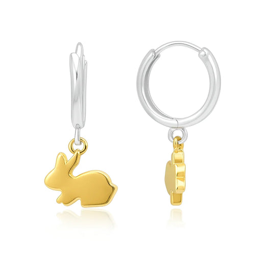 Sterling silver hoop earrings with gold plated bunny rabbit charms against a white background