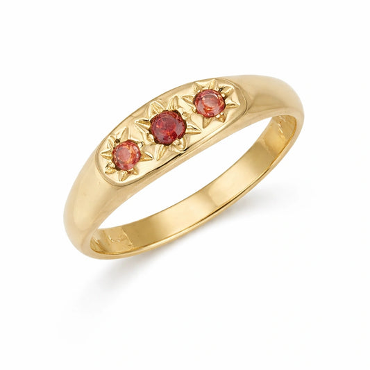 Children's rings made of 9k gold featuring three garnet gemstones in Victorian style.