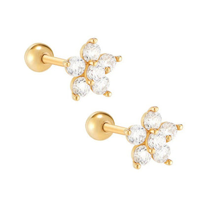 A pair of children's earrings with gold IP and clear CZ flowers, designed with screw back closures.