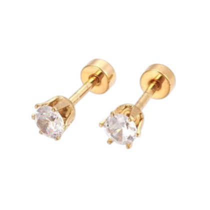 Gold earrings with clear cubic zirconia and screw backs on a white background