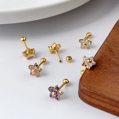 Children's petite flower stud earrings, 18K gold-plated with pink, clear and purple cubic zirconia stones