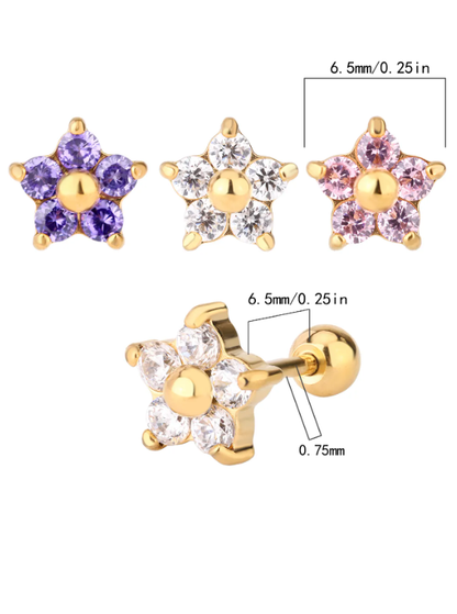 Children's petite flower stud earrings, 18K gold-plated with pink, clear and purple cubic zirconia stones with screw backs