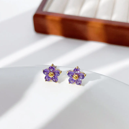 Small girls' flower stud earring in purple zircon, 18K gold-plated