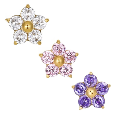 Children's petite flower stud earrings, 18K gold-plated with pink, clear and purple cubic zirconia stones