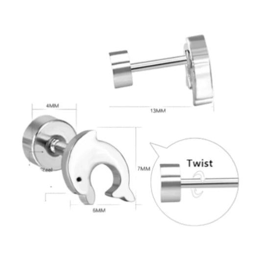 Children's earrings: surgical steel dolphin screw back studs, dimensions 7mm x 6mm, suitable for ages 3 to teens.