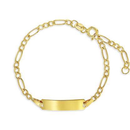 Figaro bracelet in solid 14k yellow gold featuring a classic chain design and polished identity tag.