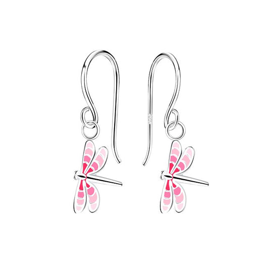 Children's Earrings:  Sterling Silver Hook Earrings with Pink Dragonflies