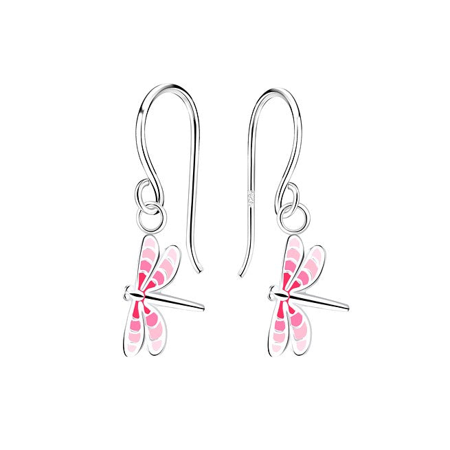 Children's Earrings:  Sterling Silver Hook Earrings with Pink Dragonflies