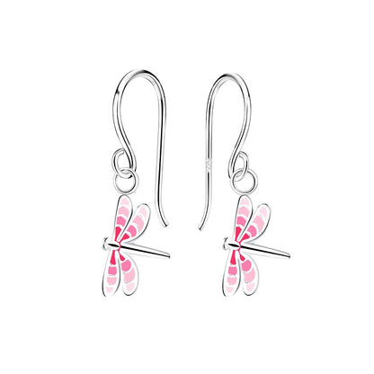 Children's Earrings:  Sterling Silver Hook Earrings with Pink Dragonflies