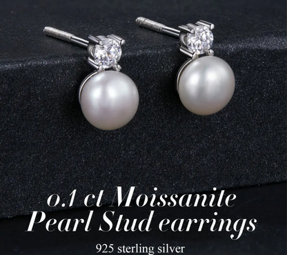 925 silver pearl and Moissanite earrings shown on dark background with secure screw-back design