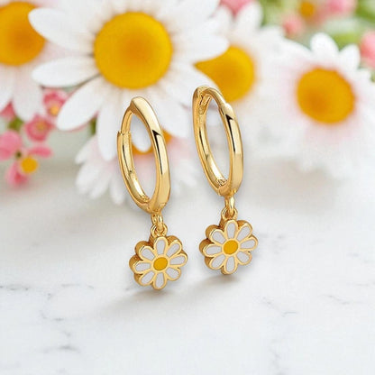 Daisy charm hoop earrings featuring 925 sterling silver and enamel, perfect for girls aged 5 and up.