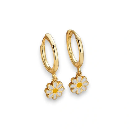Daisy charm hoop earrings for girls, 14k gold plated sterling silver with cute daisy charms.
